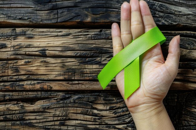 Zdjęcie Świadomość chorób psychicznych z zieloną wstążką na drewnianym tle