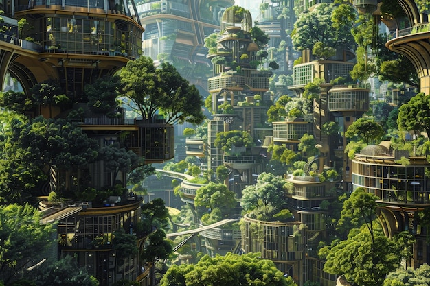 Świadomość środowiskowa Miasto z pionowym rysunkiem lasu Imitacja Abstrakt Generatywna ilustracja AI