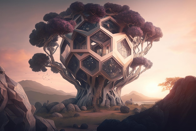 Świat fantasy sześciokątnego domku na drzewie