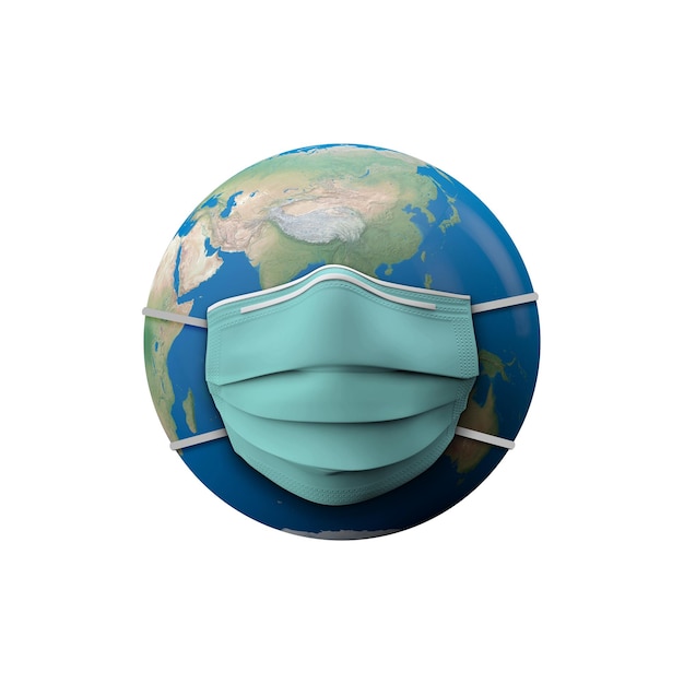 Świat noszący ochronną maskę medyczną d rendering
