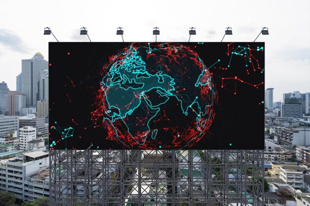 Świat planety Ziemia mapa hologram na billboardzie nad panoramą miasta Bangkok Koncepcja połączeń międzynarodowych i biznesu w Azji Południowo-Wschodniej