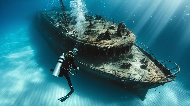 Zdjęcie Świat podwodny nurkowie badają wrak statku