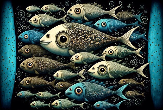 Świat podwodny Stado ryb w oceanie Zabawna, kapryśna ilustracja cyfrowa