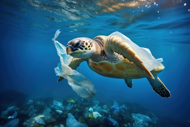 świat zanieczyszczeń ocean żółw morski pływa zanieczyszczoną wodą plastikowe torby na śmieci z gospodarstw domowych