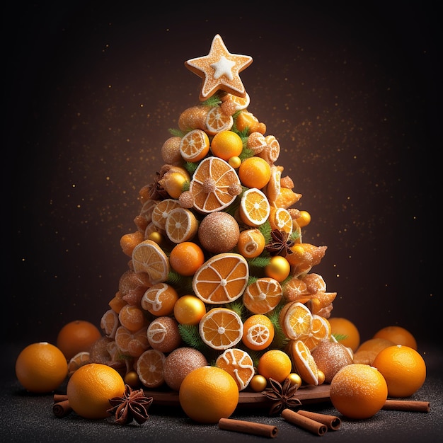 Świąteczna choinka do dekoracji stołu świątecznego z kręgów cytrusowych, cynamonowych patyków, anizowych gwiazd na żółtym tle