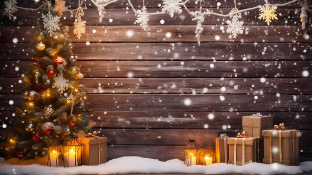 Świąteczna choinka z prezentami i płatkami śniegu przed nieociosaną drewnianą ścianą
