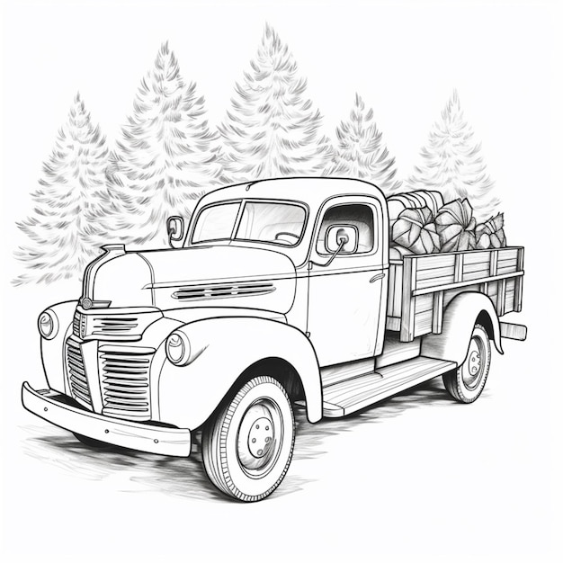 Zdjęcie Świąteczna ciężarówka kolorowanka rysunek ilustracja obraz ai wygenerowana sztuka