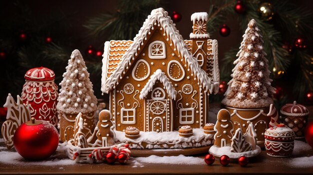 Świąteczna dekoracja domku z piernika na ciemnym tle rozmytych złotych świateł Ręcznie dekorowana