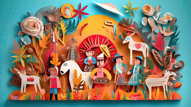 Świąteczna dekoracja Festa Junina z kolorowymi i kapryśnymi figurkami zwierząt, ludzi i instrumentów muzycznych Generative AI