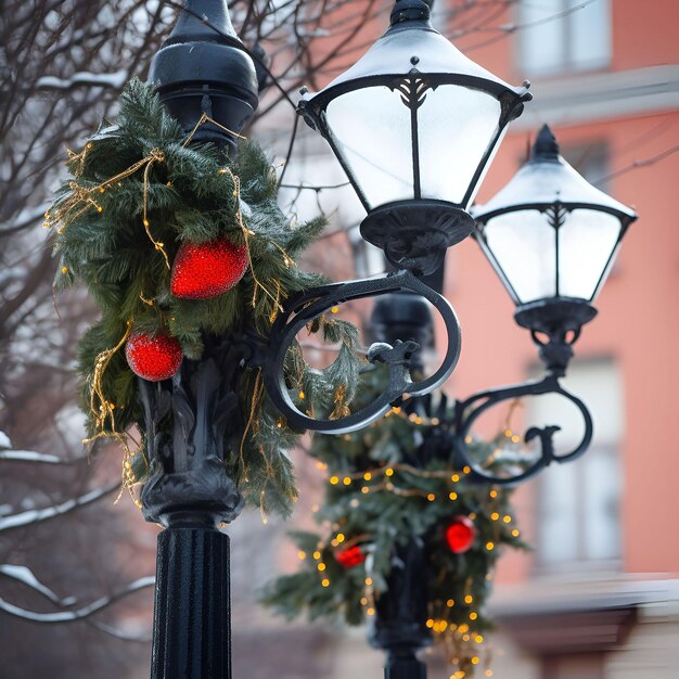 Świąteczna dekoracja lamp ulicznych na ulicach miasta