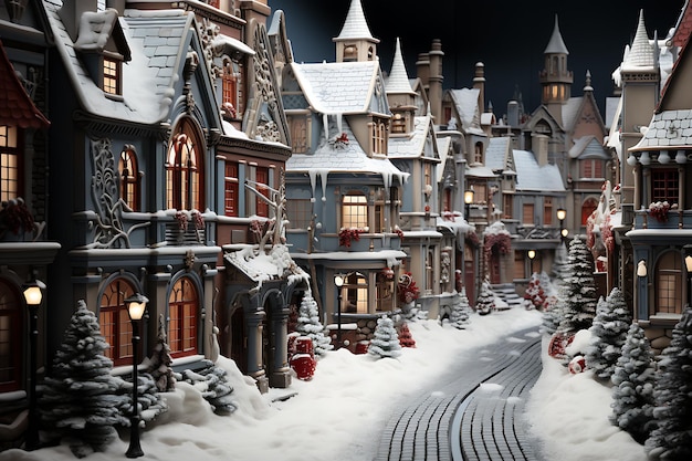 Świąteczna dekoracja wioski Świętego Mikołaja śnieżna pogoda w stylu vintage