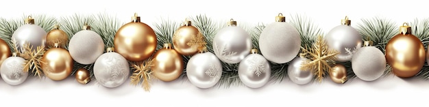 Świąteczna dekoracja z gałęziami sosny i kulkami na białym tle Generative Ai