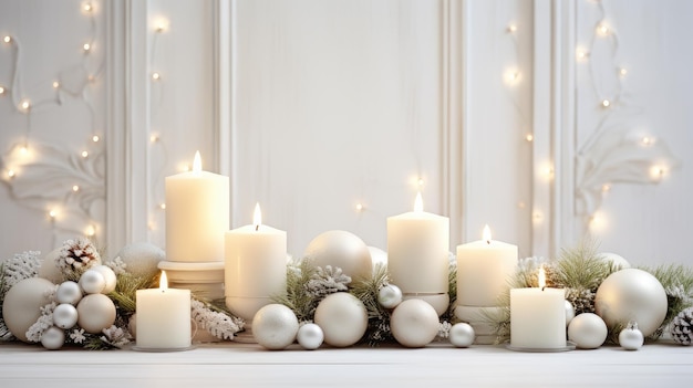 Zdjęcie Świąteczna dekoracja z użyciem bujne gałęzie sosny urocze ozdoby i delikatnie świece na czystym białym drewnianym tle ducha świątecznego z tej malowniczej kompozycji