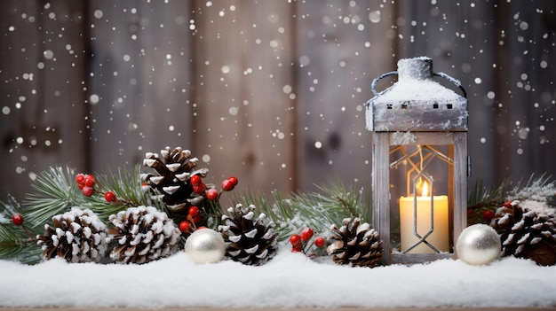 Świąteczna dekoracja ze śnieżnymi świecami latarnia sosna