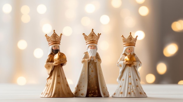 Zdjęcie Świąteczna epifania trzech mędrców dekoracja na białym tle rozjaśnionych złotych świateł