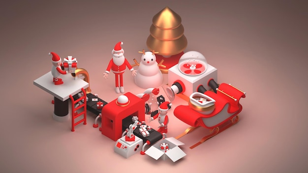 Świąteczna fabryka z uroczym Świętym Mikołajem i jego pomocnikami elfów 3d render Xmas illustration