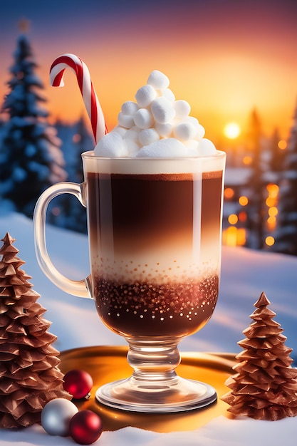 świąteczna gorąca czekolada z marshmallows na świątecznym tle