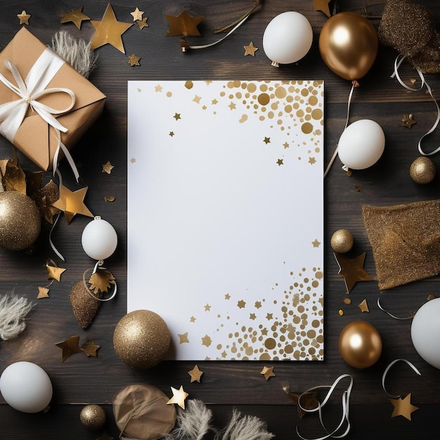 świąteczna kartka otoczona złotymi gwiazdami i dekoracjami