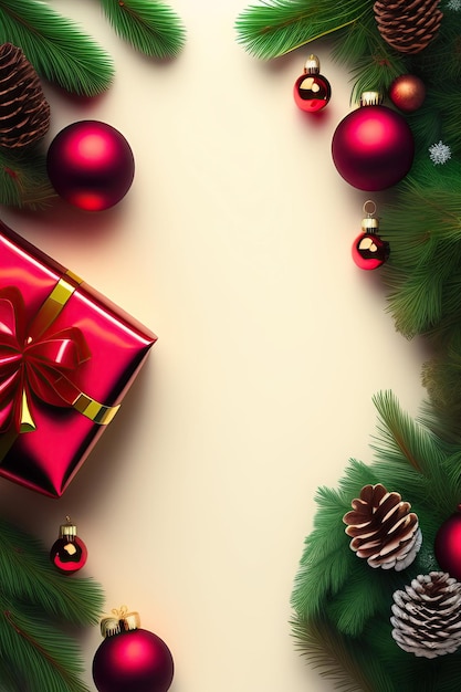 świąteczna kartka z czerwonym pudełkiem z prezentami i ozdobami.
