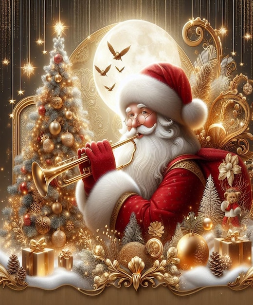 świąteczna kartka z Świętym Mikołajem grającym na trąbce