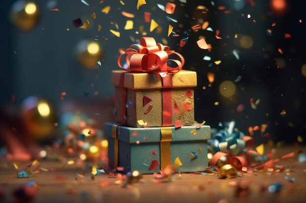 Świąteczna koncepcja świąteczna szczęśliwego nowego roku Prezent ozdobione pudełka i konfetti