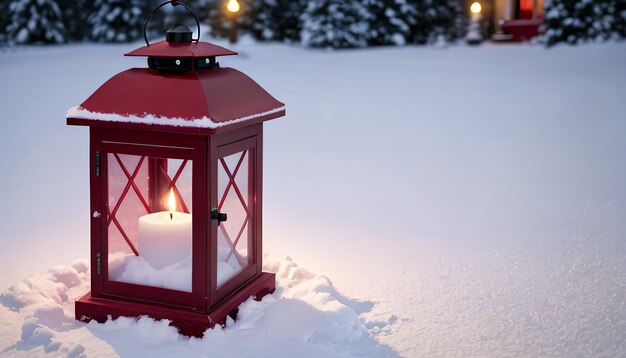 Świąteczna latarnia w śniegu z sosną Zimowa przytulna najlepsza scena