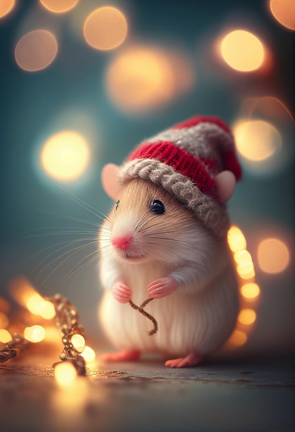 Świąteczna mysz w czerwonej czapce z białymi paskami zbliżenie na tle świateł generowanych przez ai