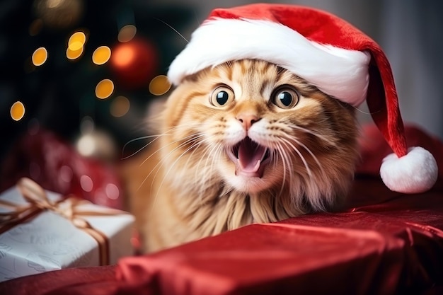 Świąteczna niespodzianka dla czerwonego kota, kapelusz i prezenty Świętego Mikołaja.