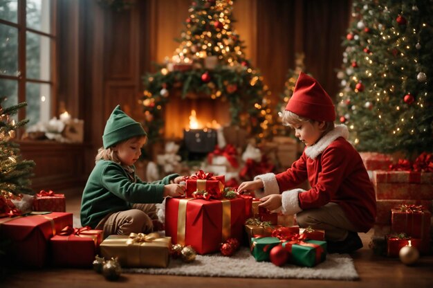 Świąteczna noworoczna wizytówka piękne świąteczne tło z dziećmi