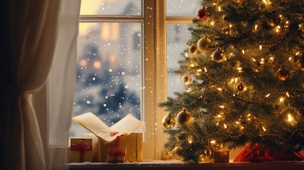 Świąteczna, przytulna atmosfera w domu przed Nowym Rokiem i Świętami Bożego Narodzenia. Widok z okna
