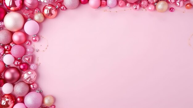 Świąteczna ramka wykonana z świątecznych piłek i błyszczyków na różowym stoliku widok modny tło płaskie położenie