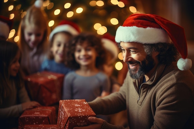 Świąteczna rodzina zebrała się, aby uczcić święto Bożego Narodzenia rozdając prezenty siedząc przy kominku Świąteczne dekoracje wnętrz Zimowa atmosfera ciepłe nastawienie uczucie beztroski