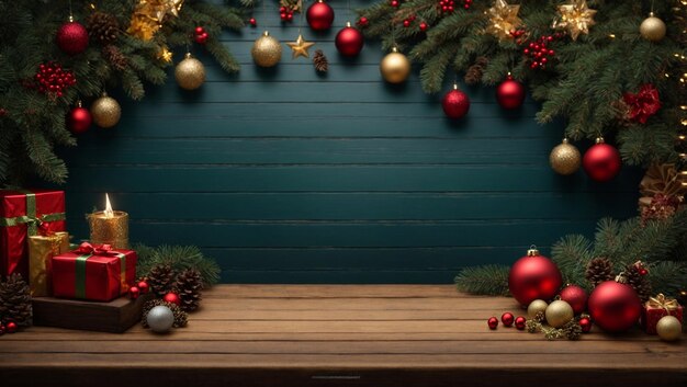 Świąteczna scena: drewniany stół przepełniony uroczystymi ozdobami świątecznymi