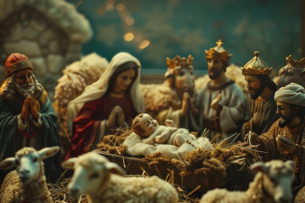 Świąteczna scena z Jezusem, Marią, Józefem, owieczkami, mędrcami
