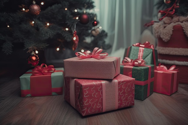 Świąteczna scena z prezentami świątecznymi pod drzewem Generacyjna sztuczna inteligencja