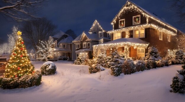 Świąteczna scena z świątecznymi dekoracjami śnieg na domach świąteczne światła choinka