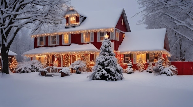 Świąteczna scena z świątecznymi dekoracjami śnieg na domach świąteczne światła choinka