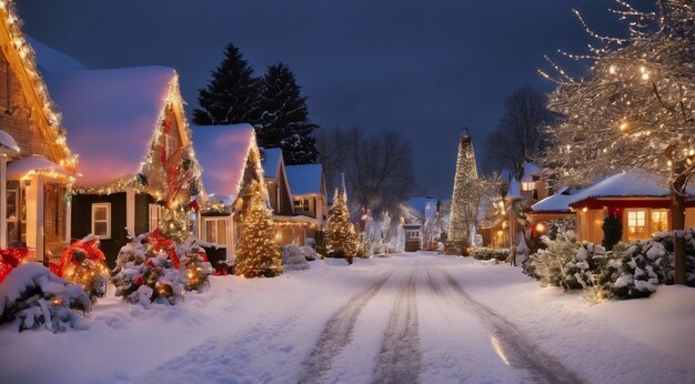 Zdjęcie Świąteczna scena z świątecznymi dekoracjami śnieg na domach świąteczne światła choinka