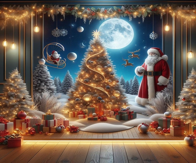 świąteczna scena z Świętym Mikołajem i choinką