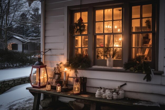 Świąteczna scena z wieńcami lampionów i pończochami wiszącymi w oknie przytulnej chaty