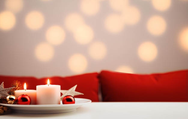 Świąteczna świeca w domu w czerwieni na białym talerzu na kanapie