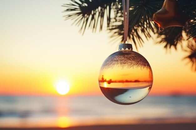 Świąteczna szklana piłka o zachodzie słońca na plaży