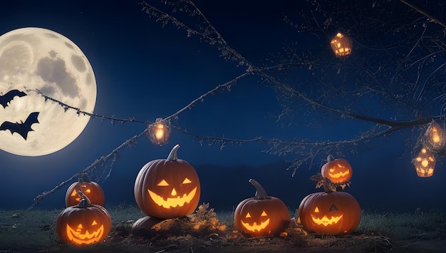 Zdjęcie Świąteczna tapeta halloween dynie pajęczyny i nawiedzona atmosfera tło wygenerowany obraz ai