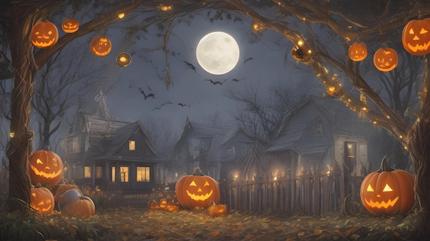 Zdjęcie Świąteczna tapeta halloween dynie pajęczyny i nawiedzona atmosfera tło wygenerowany obraz
