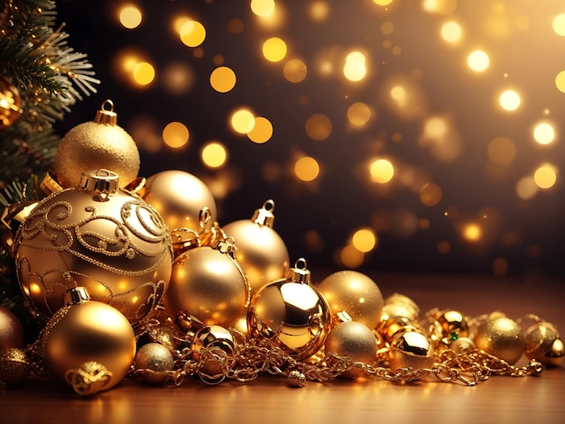 Świąteczna złota dekoracja ze świecącymi światłami i bombkami