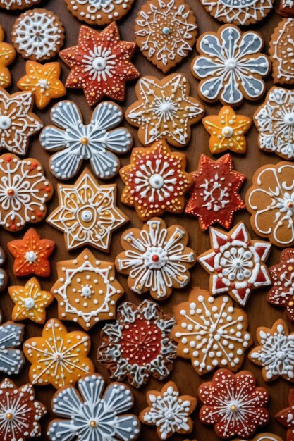 Świąteczne ciasteczka imbirowe ułożone w świąteczny wzór stworzony za pomocą generatywnego AI