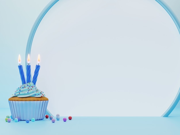 Świąteczne ciastko z niebieską glazurą i trzema świecami i okrągłą ramką z pustą przestrzenią na tekst na niebieskim tle. renderowania 3D. Kartkę z życzeniami urodzinowymi.