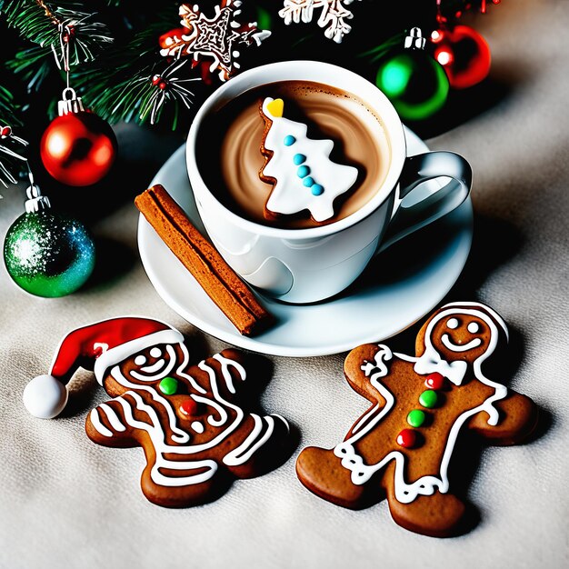 Zdjęcie Świąteczne cukierki, cappuccino i ciasteczka z imbiru przed choinką.