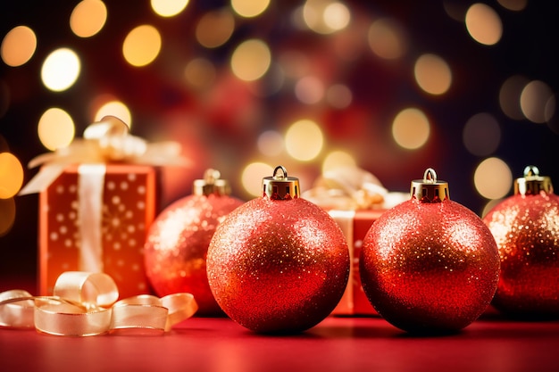 Świąteczne dekoracje świąteczne, w tym czerwone i złote ozdoby, migoczące światła