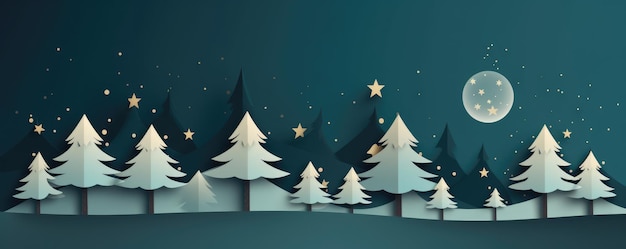 Świąteczne drzewa zimowe i gwiazda na niebie z księżycem Ilustracja Panoramana Generative ai